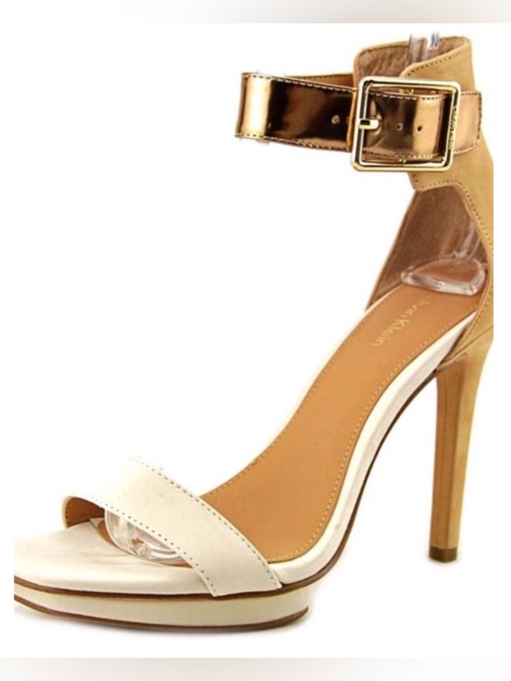 Calvin Klein Women's White and Gold High Heel Sandal with Ankle Strap